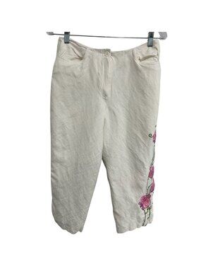 Larry Levine Womens White Linen Blend Pants With Pink Floral Embroidery Size 8